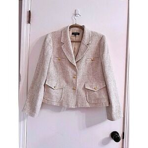 Talbots Cream Beige Tweed Blazer Jacket Gold Buttons Size 14 PH5090